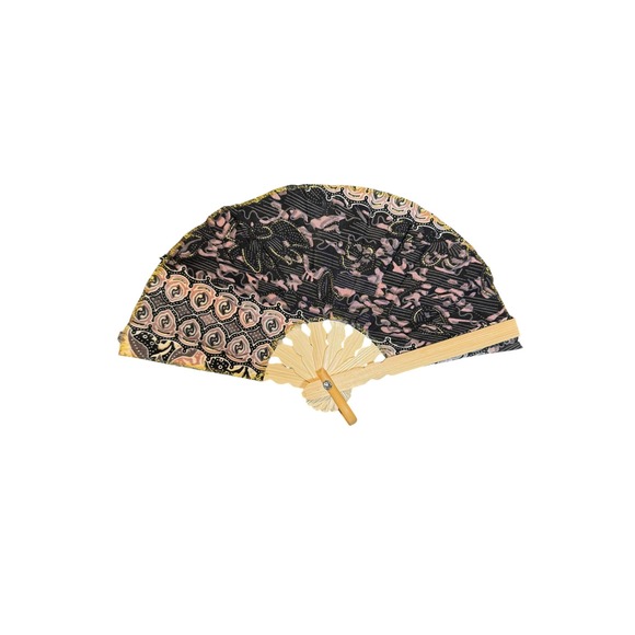 Accessories - Mini Vintage Style Batik Fabric Folding Hand Fan Black Pink Gold Wood Frame